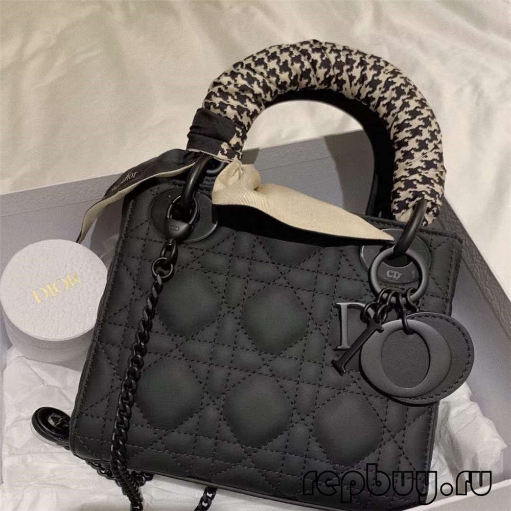 LADY DIOR Mini Black Matte Cowhide Top Replica Handbag with Silk Scarf Effect (2022 Edition)-Best Quality Fake Louis Vuitton Bag Online Store, Replica designer bag ru