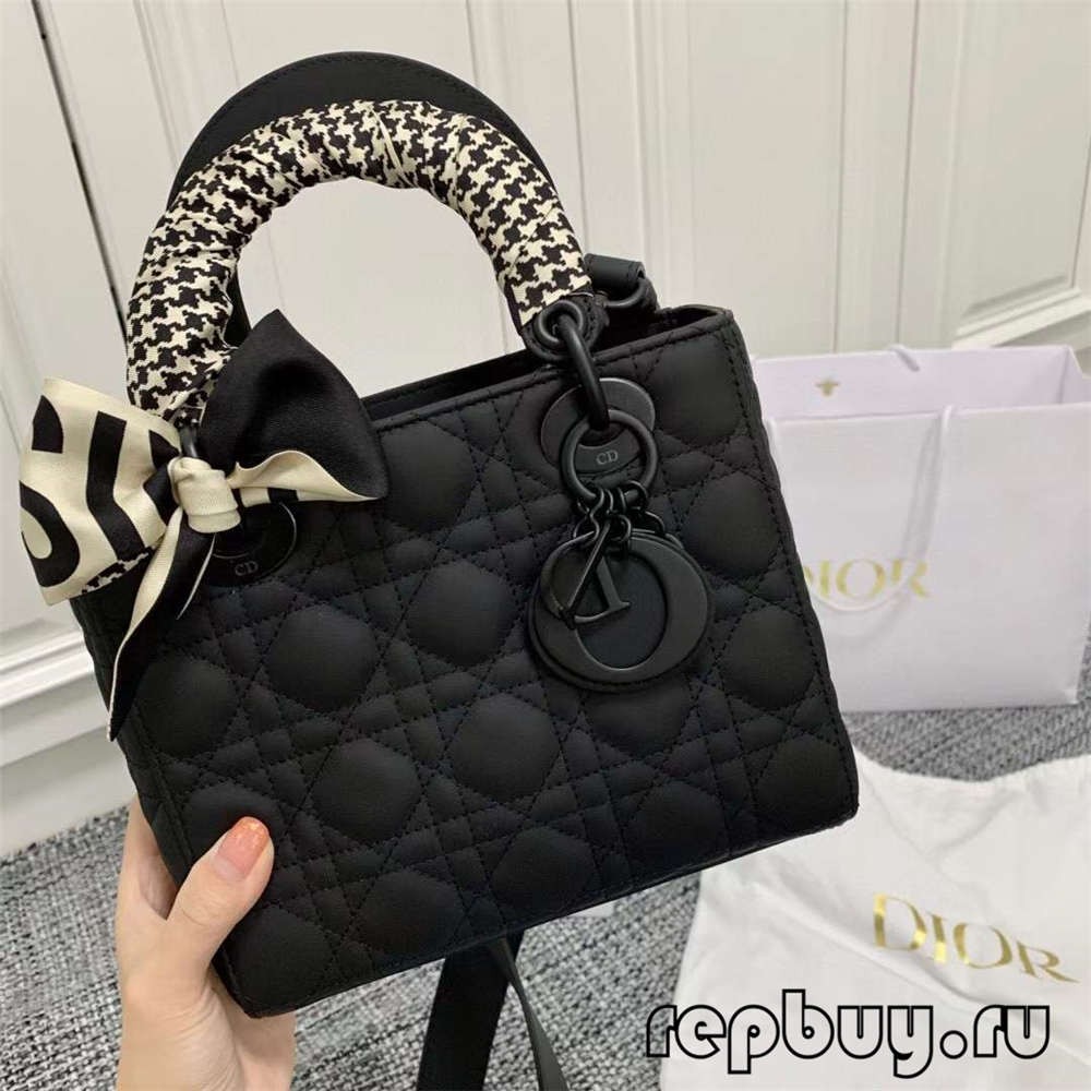 LADY DIOR Mini Black Matte Cowhide Replica bag llaw uchaf gydag Effaith sgarff sidan (Argraffiad 2022)-Ansawdd Gorau Ffug Louis Vuitton Bag Siop Ar-lein, Replica dylunydd bag ru