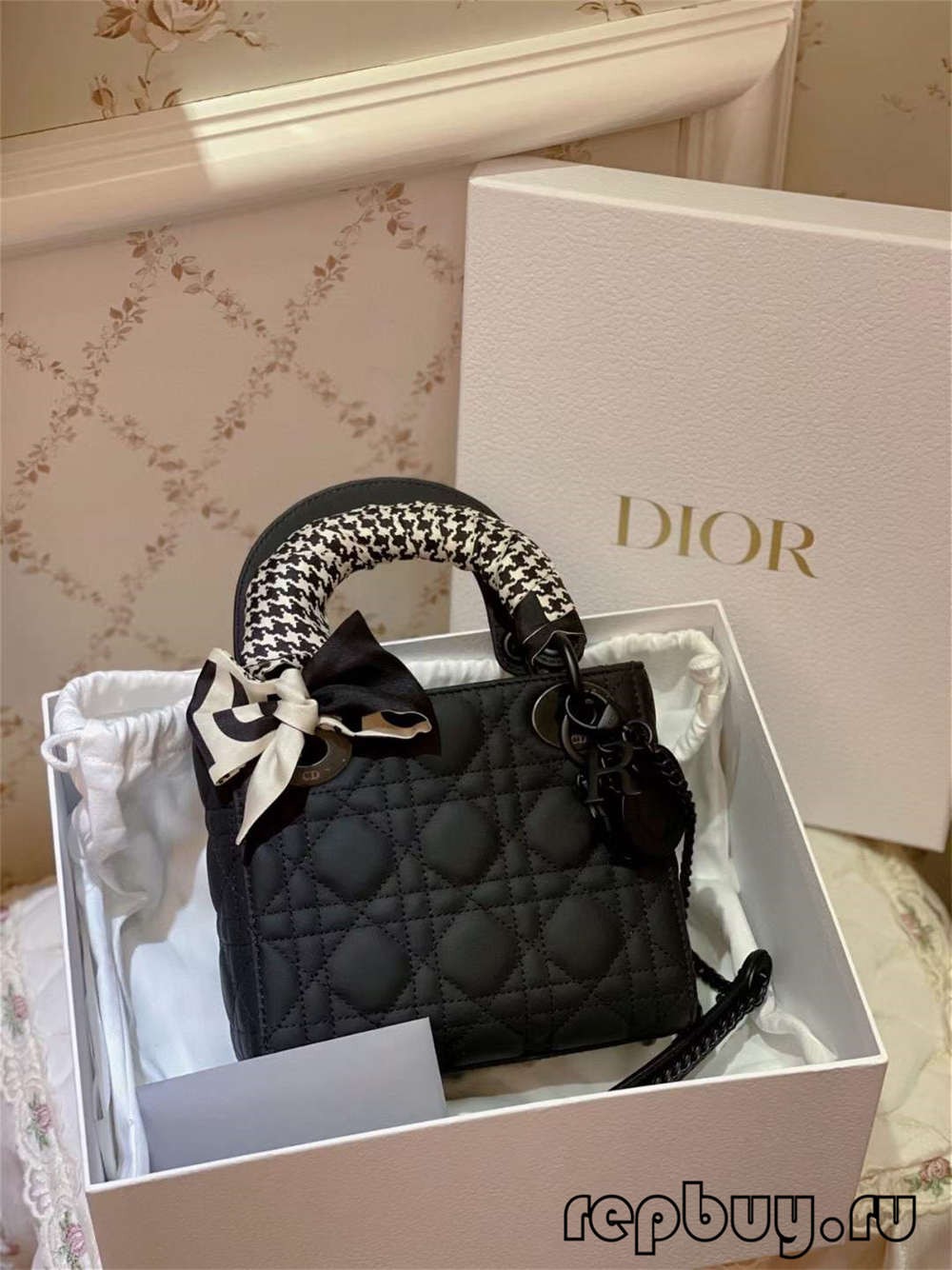 LADY DIOR Mini Black Matte Cowhide Top Replica Handbag with Silk Scarf Effect (2022 Edition)-Best Quality Fake Louis Vuitton Bag Online Store, Replica designer bag ru